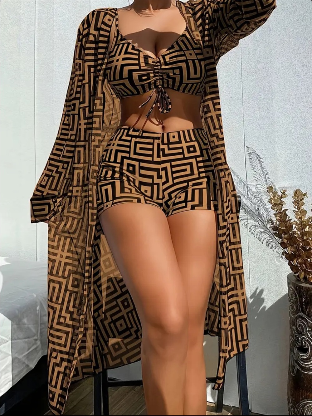 Geometric Print 3-Piece Swim Cover Set - Brown & Black Boutique